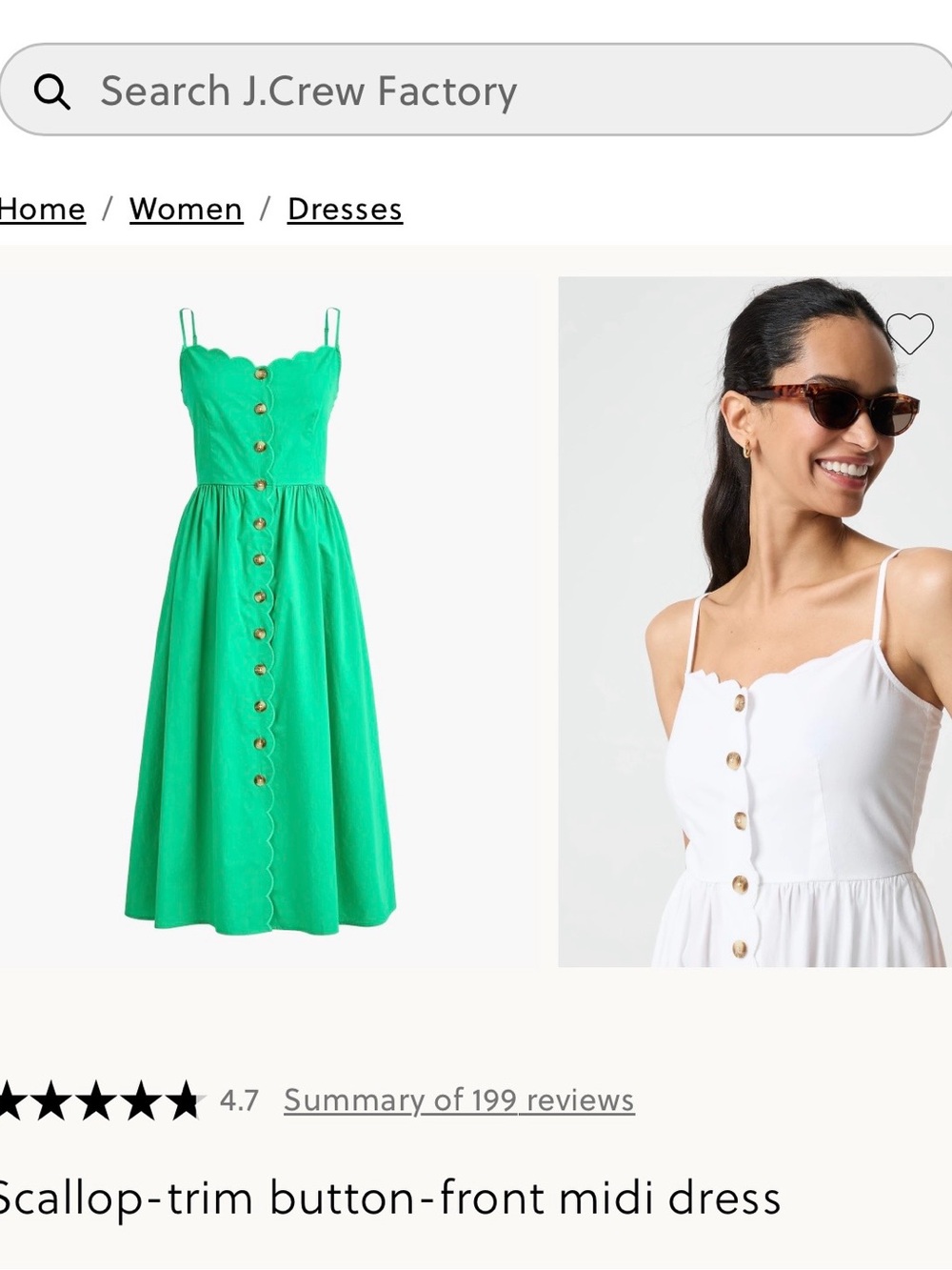 J. Crew Factory Scallop-Trim Button-Front Midi Dress in Green